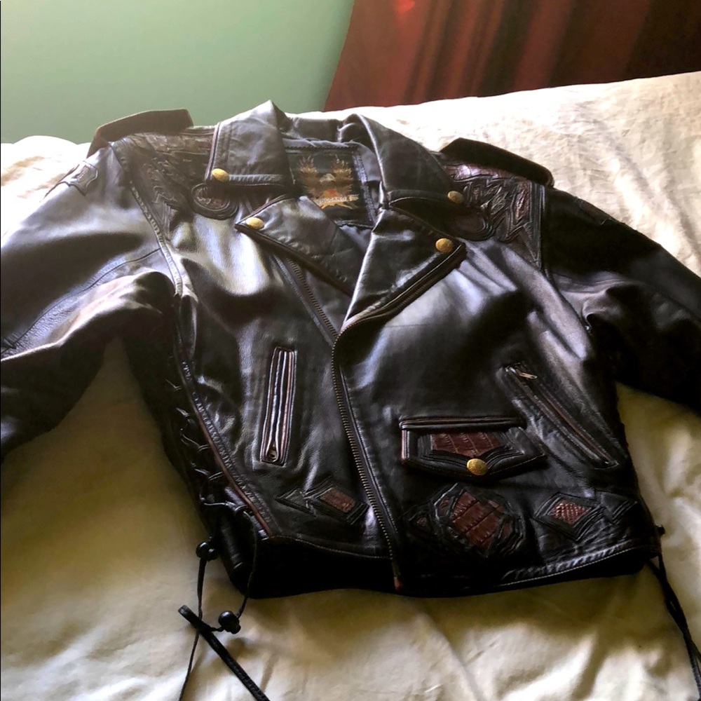 Volcano leather, lamb, and alligator motorcycle jacket.
